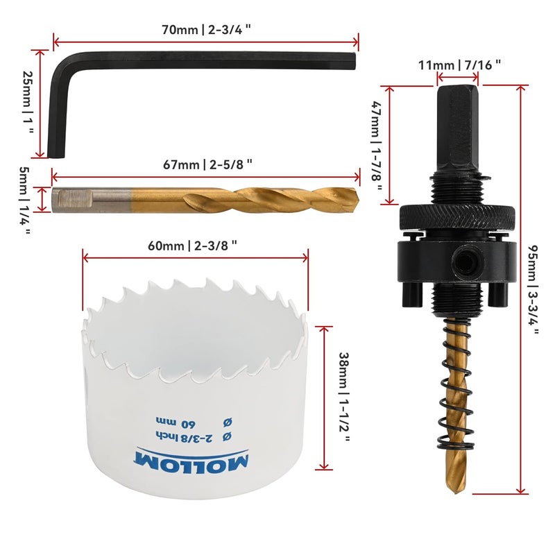 Mollom منشار ثقب ثنائي المعدن HSS M42 بقطر 60 مم | 2-3/8" مع 8% كوبالت مع 2 بت حفر رائد وقاعدة قطع سلسة للبلاستيك، الجبس، الخشب، اللوح الجصي، المطاط - Image 2